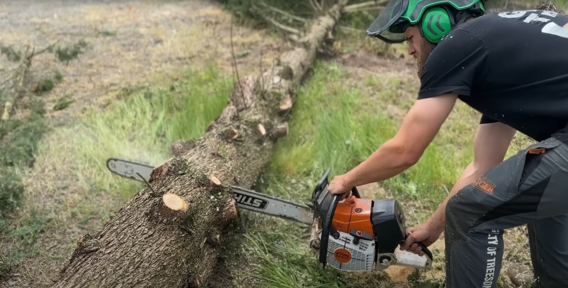 Professional Stump Grinding - Complete removal for clean landscaping results Arborist using chainsaw for precision stump grinding service