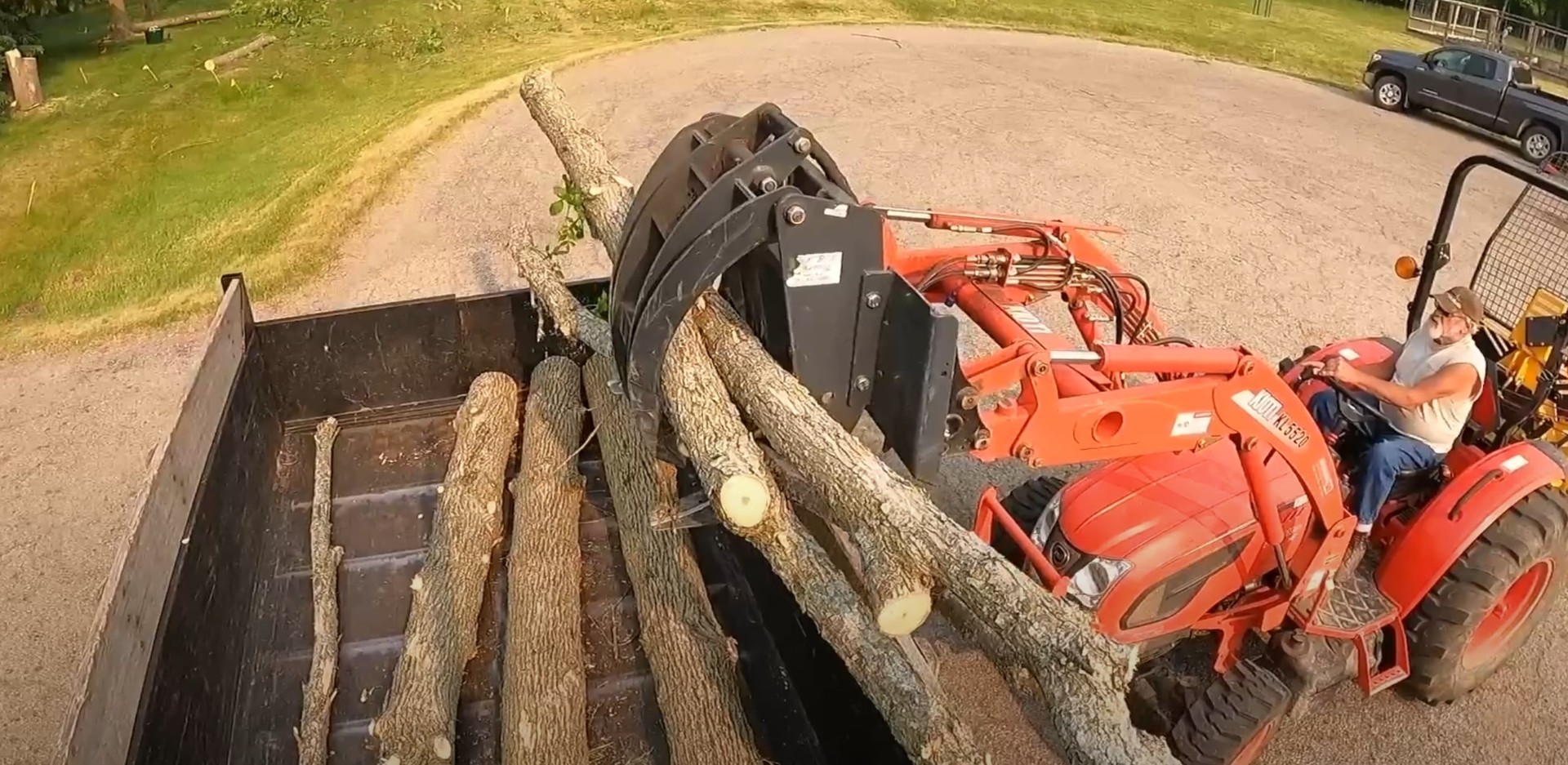Efficient tree removal - Professional equipment for complete tree and debris removal Heavy machinery loading cut tree logs for professional removal service